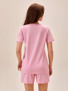 Loomlin Ensemble de pyjama décontracté d'été en 100% coton pour femmes, composé d'un t-shirt de nuit à manches courtes avec motif "Good Morning" et cœur, et d'un short de nuit à taille élastique confortable et décontracté - Rose bonbon - Voir 2
