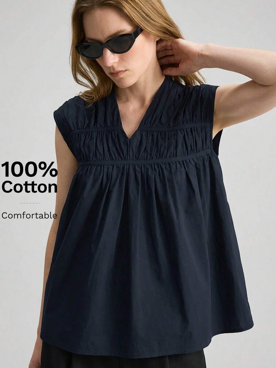 Ontre 2026春夏新款女式上衣，梭织面料，商务休闲都市时尚，简约通勤装 - 藏蓝色 - 查看 1