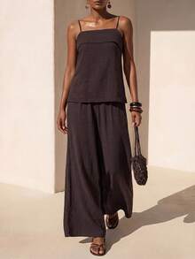 Zivah Summer New Casual Basic Vacation Beach Ruffle Strap Top And Wide Leg Pants Women 2 Pieces Set - A - Brown - View 1