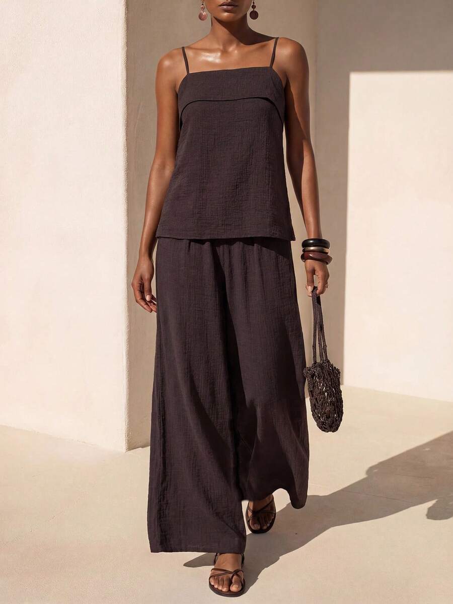 Zivah Summer New Casual Basic Vacation Beach Ruffle Strap Top And Wide Leg Pants Women 2 Pieces Set - A - Brown - View 1