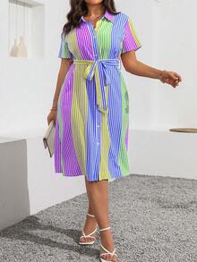 Ceyna Plus Size Summer Casual Striped Button Up Shirt Dress Maxi Women Outfit - Multicolor - View 3