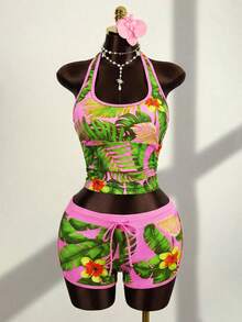 Vaytide Conjunto de camisola con cordón y bikini con adorno floral tropical para vacaciones en la playa - Rosa - Ver 3