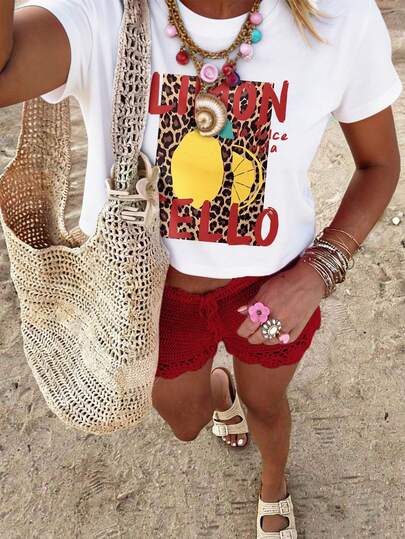 DrmWander Plus Size Summer Casual Leopard & Lemon Print T-Shirt