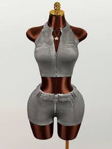 Mistrie Áo khoác gile denim cổ bẻ dáng ngắn có khóa kéo dành cho nữ - trắng - Xem 6