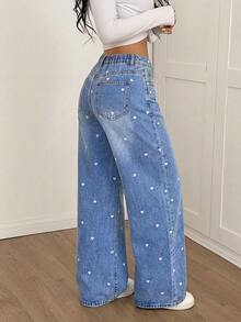 SHEIN PETITE PETITE 女款 Y2K 高腰阔腿牛仔裤，浅蓝色酸洗爱心印花细节，宽松牛仔裤，带口袋，完美打造街头风和日常穿搭。女士休闲宽松阔腿蓝色牛仔裤，复古牛仔裤，海军蓝牛仔裤，蓝色返校季牛仔裤，喇叭裤型女式牛仔裤。 - 藍色 - 查看 2