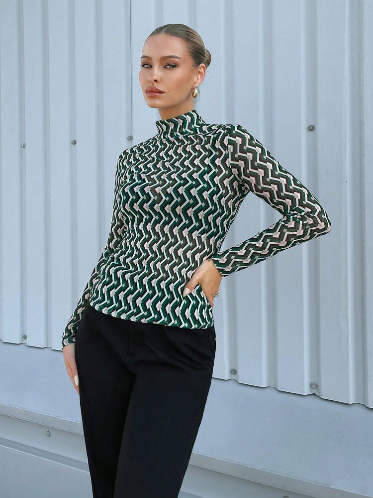 SHEIN Maija 2026 Spring & Summer Geo Print Mock Neck Tee,Suitable For Wedding Guest, Host, Date, Party, Concert, Brunch, Airport, Multi-Occasion 2026 Spring & Summer Geo Print Mock Neck Tee,Suitable For Wedding Guest, Host, Date, Party, Concert, Brunch, Airport, Multi-Occasion  Casual Holiday Beach Cruise Travel  Romantic, Fashion, Versatile; Suitable For Summer Vacation, Comfortable, Bohemian Style, Beach Wear, Simple Daily Wear, Country Style, Essential, Solid Color, Holiday Casual, Decent, Single Lady,