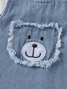 SHEIN 2pcs Baby Boys/Girls Blue Summer Cute Family Matching Bear Print Top&Embroidered Denim Overalls Set,Soft Short Sleeve Open Shoulder Birthday Outfit - Blue - View 6