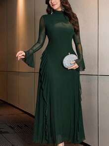 Modelyn Đầm thanh lịch màu xanh ô liu phối lưới, cổ cao, viền bèo nhún, eo thắt. - Màu xanh lá cây đậm - Xem 1