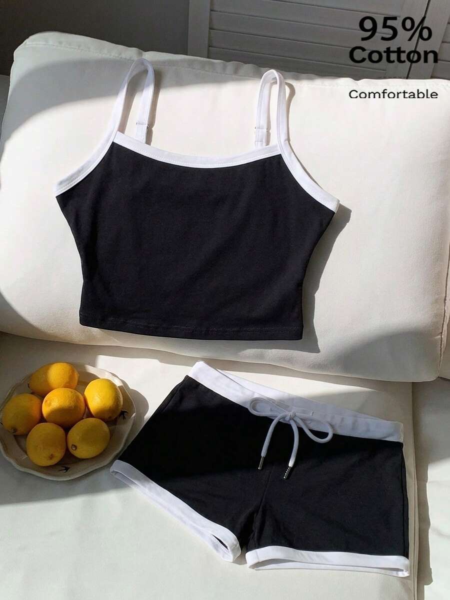 Comfortcana مجموعة من قطعتين، شورت كاجوال نسائي من القطن بنسبة 30%، مجموعة شورتات، ملابس صيفية نسائية، ملابس خارجية نسائية - متعدد الألوان - مشاهدة 1