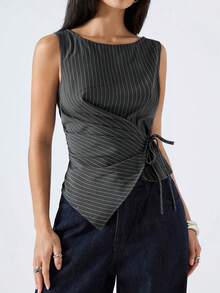 LYSMO Áo tank top không tay cổ tròn kiểu tối giản mới năm 2026, áo sơ mi màu xám, áo sơ mi buộc dây phía trước màu xám, áo sơ mi bất đối xứng, áo sơ mi kẻ sọc nhỏ, áo kiểu thời trang nữ/áo kiểu nữ thường ngày - Xám - Xem 4