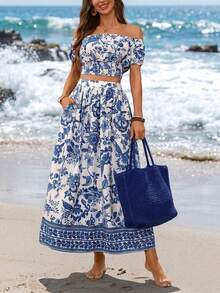 Ellevyn 女士优雅露肩印花上衣和女士蓝白印花半裙，两件套度假套装，夏季女装，节日女装，沙滩女装，乡村女装，夏季套装，印花两件套，长裙露脐上衣套装，露肩上衣和半裙套装，露脐上衣和半裙两件套，夏季套装，女士度假套装，女士休闲连衣裙，母亲节礼物，送给妈妈的礼物，A字裙，节日女装，海滩约会之夜，夏季连衣裙，度假套装，女士度假装，圣托里尼女装，波西米亚风女装，地中海度假套装 - 藍白色 - 查看 3