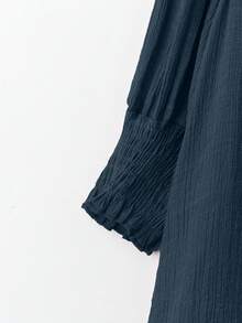 SHEIN LUNE 大码波西米亚风七分袖亚麻质感衬衫 - 藍色 - 查看 4