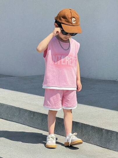 2件套男童休闲韩版字母印花套头背心和纯色口袋短裤针织套装