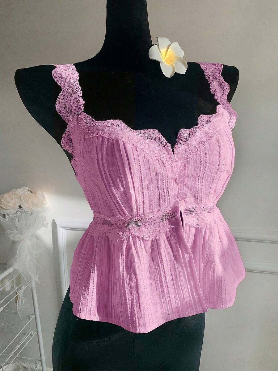Comfortcana Plus Size Women Brown Lace Patchwork Pleated Sleeveless Tank Top, Spring/Summer Gym - Pink - View 1