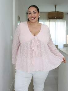 Pretty and Ole Plus Size Women Casual Commuter Cashew Flower Print Long Sleeve T-Shirt - Pink - View 6