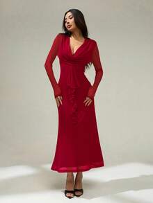 SHEIN PETITE Vestido de mujer con cuello profundo con volantes, bajo con volantes y malla, vestido sexy de fiesta y Navidad - Rojo - Ver 6
