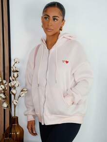 SAYEHFBABY 女士休闲日常心形刺绣落肩宽松抽绳拉链连帽衫，春秋季 - 粉色 - 查看 5