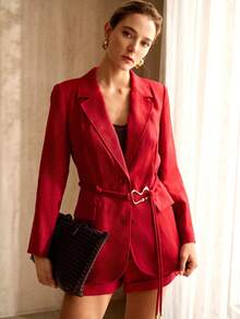 MOTF PREMIUM 女士亚麻舒适单排扣西装外套，春夏款 - 紅色 - 查看 1