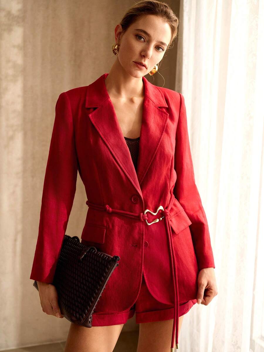 MOTF PREMIUM 女士亚麻舒适单排扣西装外套，春夏款 - 紅色 - 查看 1