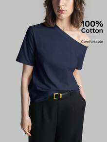 Ontre 2026SS Women's Solid Color Asymmetric Neck Short Sleeve Casual T-Shirt, Versatile Minimalist Style For Vacation - Navy Blue - View 6