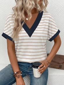 Camiseta casual de mujer de manga corta con cuello en V a rayas, camiseta holgada de negocios casuales, de blusas para mujer, camisas de cuello en V para mujer - Multicolor - Ver 3