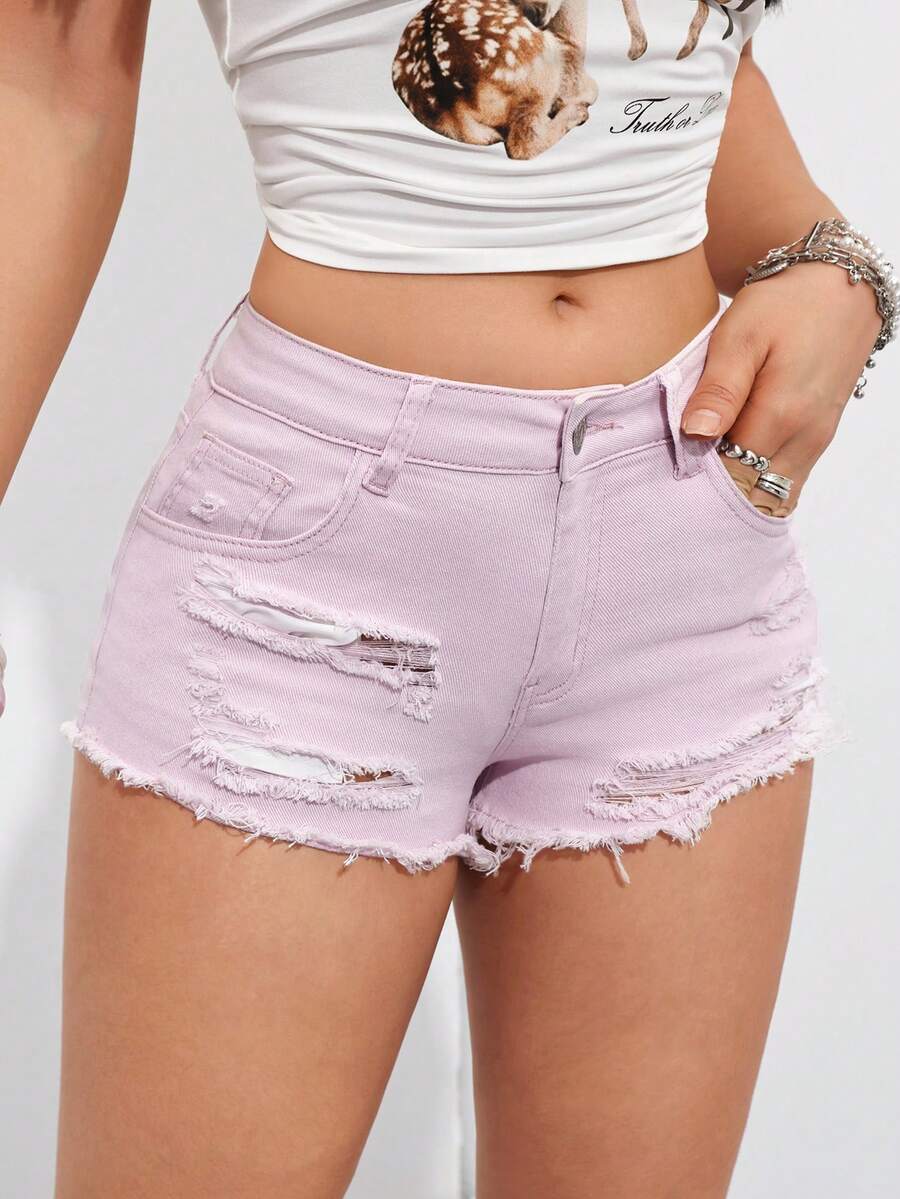 SHEIN PETITE 女士休闲时尚做旧毛边牛仔短裤，夏季 - 淡紫色 - 查看 1