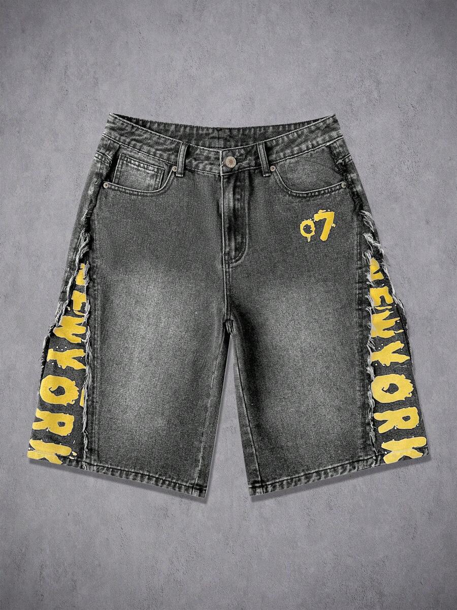Manfinity Denimwave 男士嘻哈街头风美式印花毛边水洗阔腿百慕大牛仔短裤 - 灰色 - 查看 1