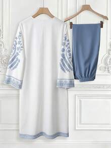 GlowEve Bộ 3 món dành cho nữ, gồm váy in họa tiết cổ chữ V, khăn choàng và quần màu trơn, kiểu dáng thường ngày. - Nhiều màu - Xem 2