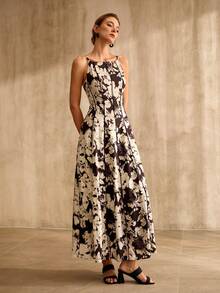 MOTF PREMIUM WOMEN'S VISCOSE LINEN BLEND PRINTED COLOR BLOCK HEM A-LINE MIDI DRESS, SPRING/SUMMER - Multicolor - View 7