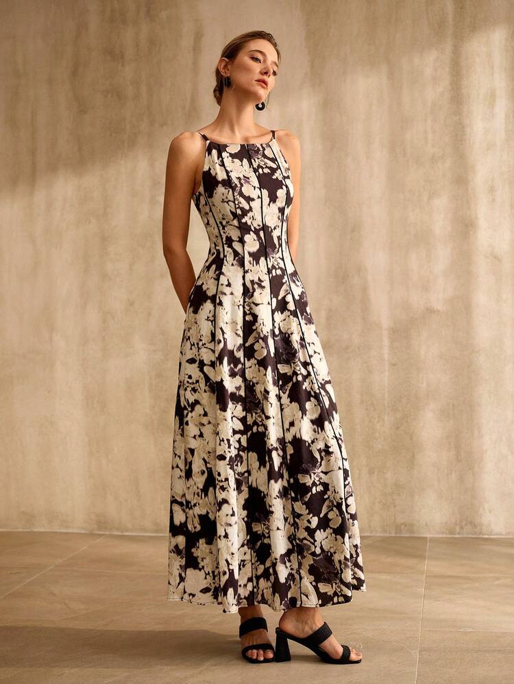 WOMEN'S VISCOSE LINEN BLEND PRINTED COLOR BLOCK HEM A-LINE MIDI DRESS, SPRING/SUMMER