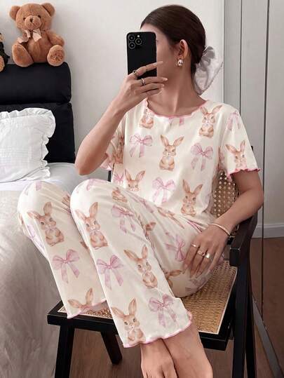 Tween Girls 1 Set Pajamas, Apricot Round Neck Short Sleeve T-Shirt With Cute Rabbit & Bow Print, Matched With All-Over Rabbit & Bow Print Pants, Casual Loungewear Set
