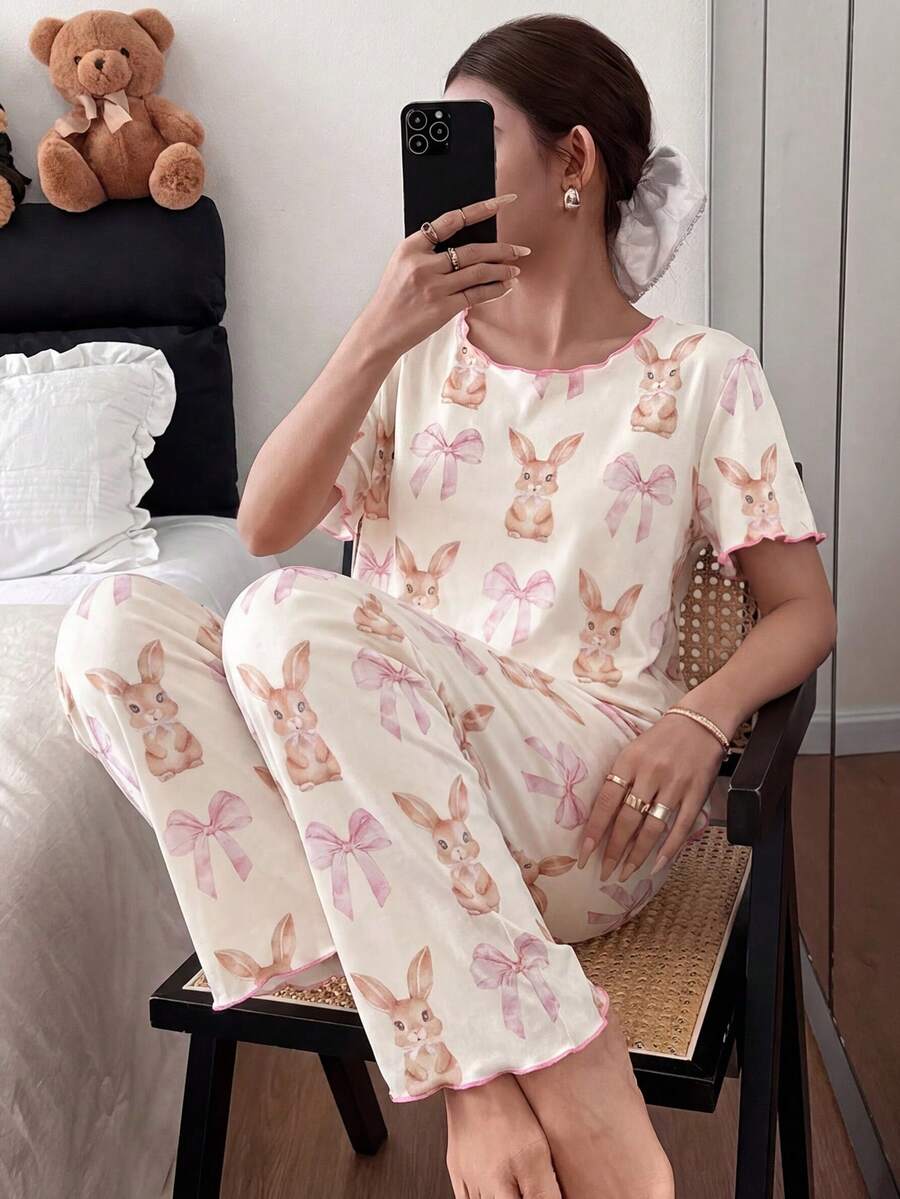 Tween Girls 1 Set Pajamas, Apricot Round Neck Short Sleeve T-Shirt With Cute Rabbit & Bow Print, Matched With All-Over Rabbit & Bow Print Pants, Casual Loungewear Set - Apricot - View 1