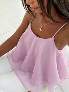 Aloruh Atasan Musim Semi/Panas Romantis Elegan untuk Kencan, Liburan, Koleksi Terbaru, Bahan Chiffon Bertekstur dengan Tali Bahu Tipis, Warna Hijau Muda untuk Wanita, Atasan Musim Panas - Baby Pink - View 3