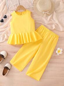 2pcs/Set Tween Girls Textured Cotton Sleeveless Ruffle Hem Top And Wide Leg Pants, Comfortable Casual Fashion Yellow Set - Yellow - View 5