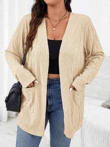 SHEIN Essnce 大码女式纹理长袖休闲开襟外套，带口袋，适合日常通勤和休闲穿着，秋季款 - 杏色 - 查看 6