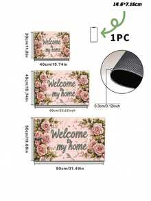 SHEIN 1 件入口地毯、粉红玫瑰欢迎回家字母地毯、聚酯防滑防污软地垫、室内外入口地板门垫、快干厨房地垫、洗衣房卫生间脚垫 - 彩色 - 查看 3