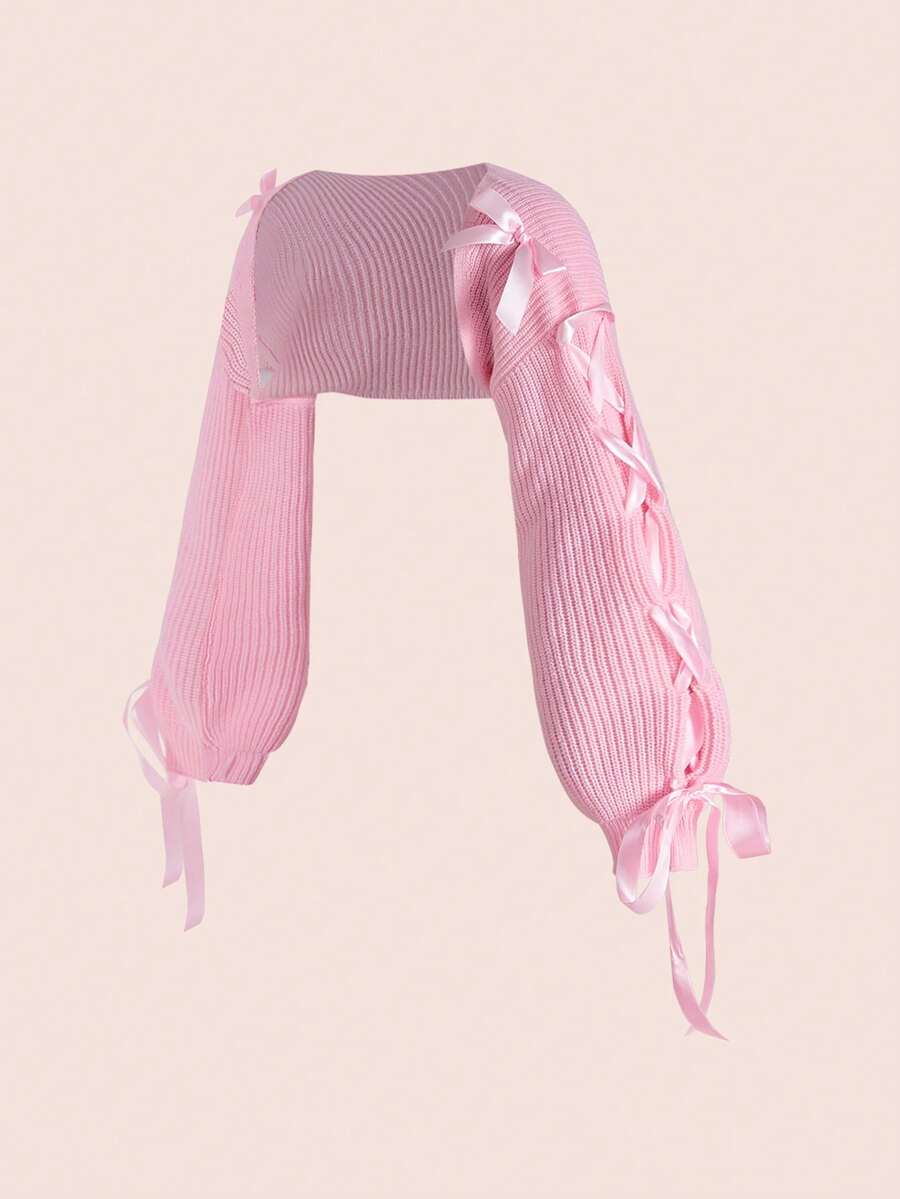 ROMWE Plus Size Kawaii Versatile Solid Knit Cardigan With Bow, Pink/Winter - Pink - View 1