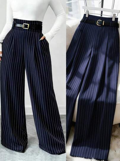 Juhart Quần ống rộng xếp ly kẻ sọc dành cho nữ cỡ lớn, phù hợp để đi làm.