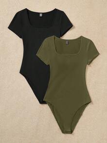 SHEIN EZwear 两件套休闲简约黑色和军绿色女式圆领短袖连体衣，适合春夏穿着 - 彩色 - 查看 4