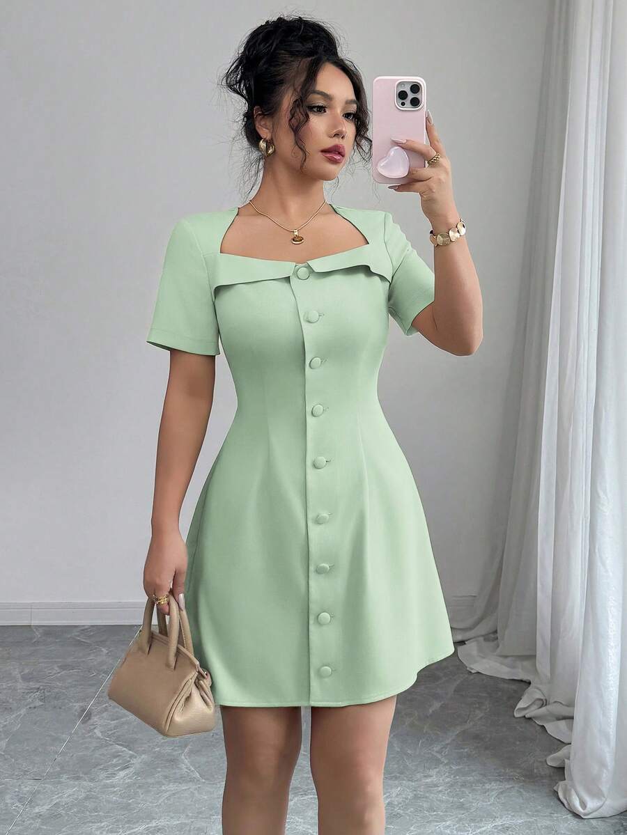 Elenzga Women's Elegant Trapezoid Collar Ruffle Buttoned Waist A-Line Short Sleeve Mini Dress, Suitable For Work Tea Party, Spring/Summer Light Green - Mint Green - View 1