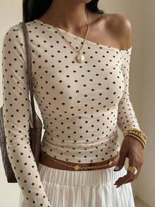 DAZY Women's Polka Dot Print Oblique Shoulder Long Sleeve Fitted T-Shirt Summer - Apricot - View 3
