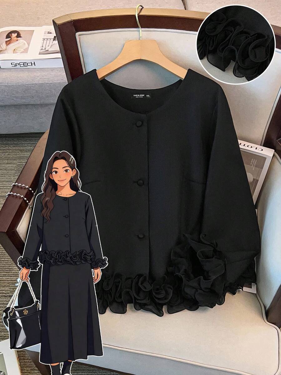 GlowEve CURVE 大码女式荷叶边袖口设计圆领长袖夹克，时尚百搭，适合秋冬休闲通勤 - 黑色 - 查看 1