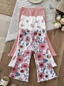 SHEIN 3pcs Baby Girl Knitted Solid Striped Casual Flare Pants Set - Multicolor - View 5