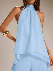 SHEIN BAE Yellow Sleeveless Asymmetrical Hem Sheer Tank Top & Wide Leg Linen Pants, Casual 2 Pieces Set, Spring/Summer Minimalist 2 Pieces Set - Baby Blue - View 6