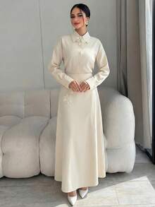 Mulvari Elegant Women's Off-White Woven Fabric Long Sleeve Blouse And Long Skirt Two-Piece Outfit With 3D Rose Flower Embellishments Teachers' Day Office - Apricot - View 8