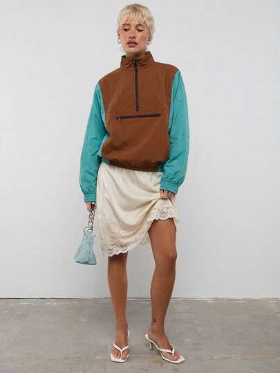 COUREZ Áo khoác thể thao nylon phối màu / Phong cách Y2K mùa xuân cho nữ, trang phục đường phố, trang phục đi chơi, áo khoác mùa hè năng động, thoải mái.