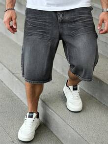 Manfinity EMRG Men's Solid Color Slant Pocket Casual Loose Wide Leg Denim Shorts - Grey - View 7