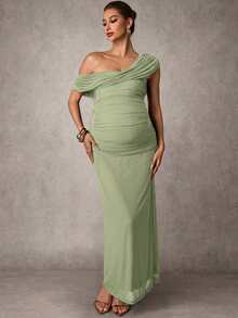 MaterniChic Elegant Solid Color Ruched Asymmetric Neck Slit Maternity Dress, Summer - Green - View 6