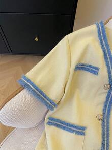 Selianne Áo khoác nữ dáng suông, thanh lịch, tối giản, có túi và tua rua, tay ngắn, thích hợp cho mùa hè. - Vàng nhạt - Xem 3