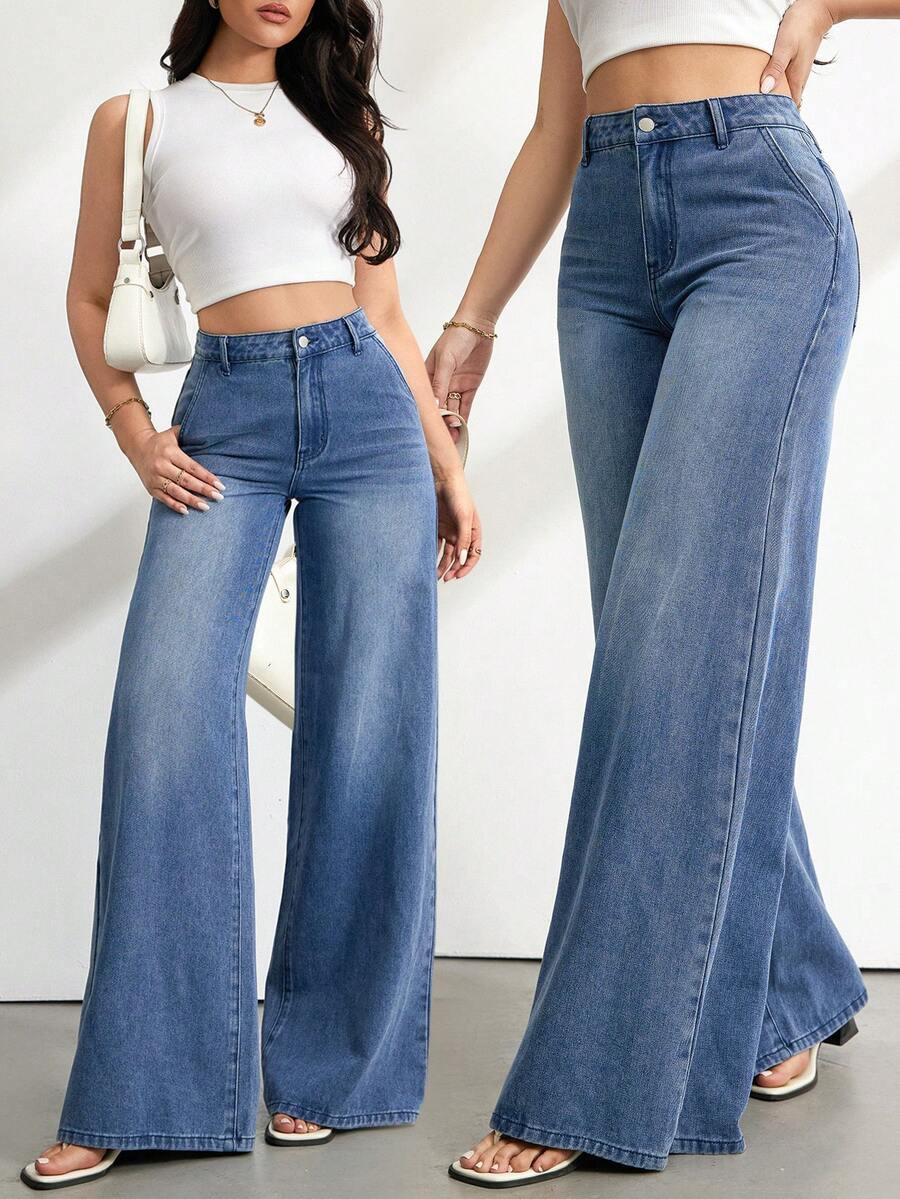 SHEIN Tall Women's Casual Washed High Waist Wide Leg Jeans - Medium Wash - View 1